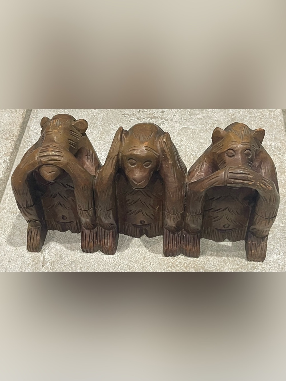 Hand-Carved Brown Monkey Trio Wood Sculpture - “See, Hear, Say No Evil”.